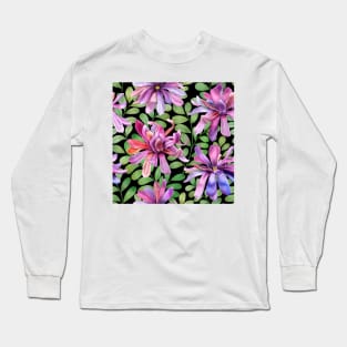 Tropical Magnolia Stellata flowers and leaves on black background. Fantasy watercolor botanical illustration. Exotic Star Magnolia flower blossom Long Sleeve T-Shirt